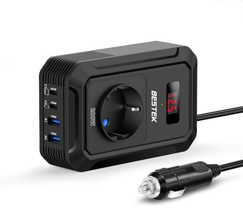 BESTEK 200 W Spannungswandler 12 V auf 240 V 230 V AC Auto-Wechselrichter, mit 3-pin Steckdosen, 2 18-W USB und 2 USB-C Anschlüssen Zigarettenanzünderstecker, von Laptops, iPhones, und mehr, Schwarz