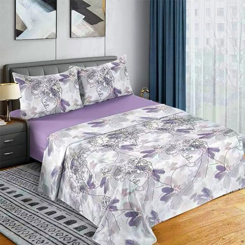 Etrexonline Conjunto de Sábanas 4 Piezas Cama 150 cm - Microfibra Ultra Suave Incluye 1 Bajera 150x200+28 cm, 1 Encimera 230x270 cm, y 2 Fundas de Almohada 50x90 cm - Color Flor Lila