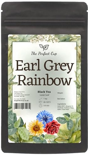 Earl Grey Rainbow Loose Leaf Black Tea with Flowers & Bergamot Oil, 250g | Sri Lankan leaves create a full-bodied citrus-floral cup with medium caffeine, ideal with lemon or honey, in a dark pouch.