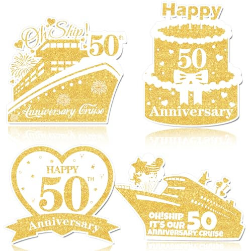 4 PCS Large 50th Anniversary Cruise Door Magnets Decorations Happy 50th Anniversary Cruise Ship Door Decor Magnetic Wedding Magnets Garage Refrigerator Car Magnets for Cabin Stateroom (White Gold)