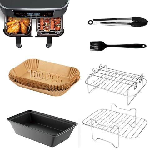 Fryer Accessories 6 Pack Fits Dual Basket Air Fryers, Including Cake Pans, Pizza Pans, Multi-Tier Racks, Skewer Racks, Fryer Baking Paper, Clips