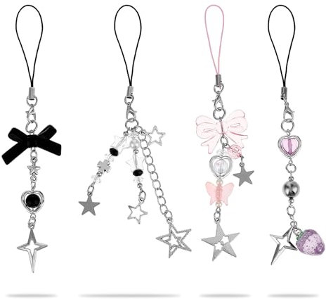 GEEHUA 4 jolies breloques pour téléphone portable, ensemble de bijoux de telephone, fraise rose, papillon, étoile breloque pour téléphone portable, porte-clés, décoration d'appareil photo