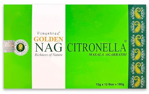Vijayshree Golden Nag Citronella Räucherstäbchen 180 g (70-90 Stäbchen) – 12 Packungen à 15 g – Aromatherapie – Meditation – Yoga – umweltfreundliche Verpackung