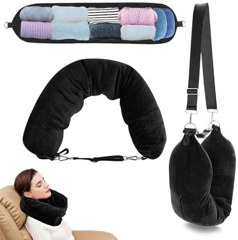 Baieye Cuscino da Viaggio Riempibile,Cuscino Collo Viaggio Velluto di Cristallo,Riempibile Con Vestiti Cuscino per Aereo,Multifunzionale Accessori da Viaggio,Con Tracolla Regolabile Staccabile(Nero)