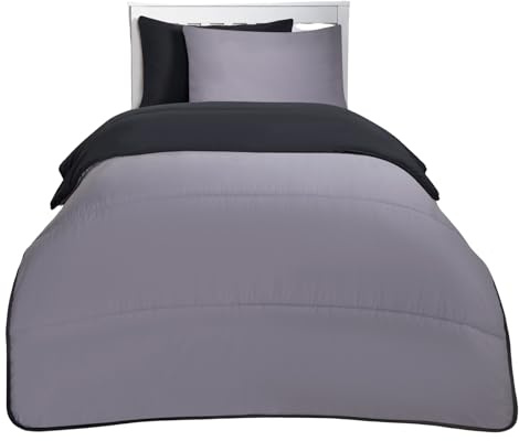 OHS Coverless Duvet Single, 10.5 Tog Reversible Soft Warm Microfibre Comfy Coverless Duvet Summer Winter Camping Blanket Washable Quilt Bedding Single Duvets with Pillowcase, Black/Grey