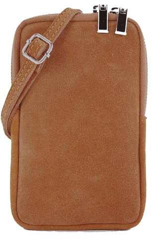 modamoda de T210 Damen Wildleder Rauleder Handytasche 6,7 Zoll Umhängetasche handmade in Italy, Farbe:Cognac/Wildleder
