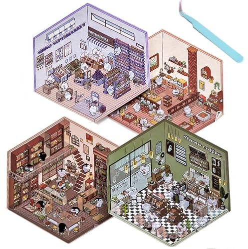 4 Sets DIY 3d House Stickers, Fun DIY Stickers Scene, DIY Stickers Scene Make Your Own Supermarket, Sticker Scenes for Adults, DIY Cozy Little Home House Scene Stickers Quiet Book (4 Sets-B)