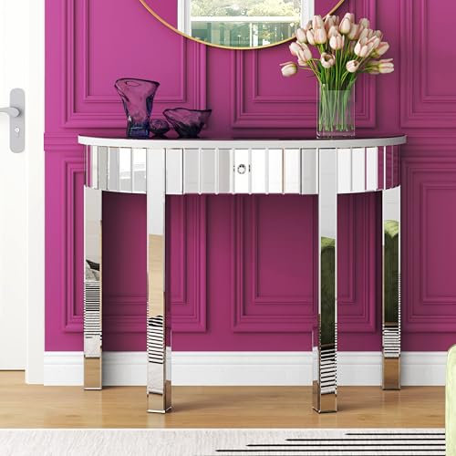 SHYFOY Table console demi-lune, table d'entrée miroir de 99,1 cm avec verre HD et 1 tiroir, table console argentée pour couloir, salon, finition miroir