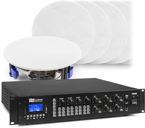 Power Dynamics PRM606-12 Einbaulautsprecher Decke mit Matrix 4 Kanal Verstärker, 6 Zonen, Bluetooth, USB & SD, Deckenlautsprecher für Multiroom Audio, Lautsprecher-System für Gewerbe, Gastro, Büro