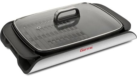 Girmi BQ91 Gril et Barbecue, 2000W, Plaques Antiadhésives XL 40 x 30 cm à Double Usage, sans Fumée, Couvercle en Verre Trempé, Température Réglable, Bac Récupérateur de Graisse, Gris