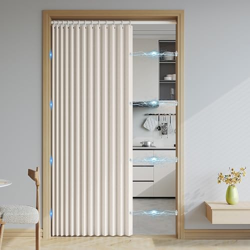 Haoyunll Insulated Folding Magnetic Door Curtain, Invisible Accordion Door Window Curtains for Front Door, Living Room, Closet, Bedroom, 220gsm, Beige, 71 x 87