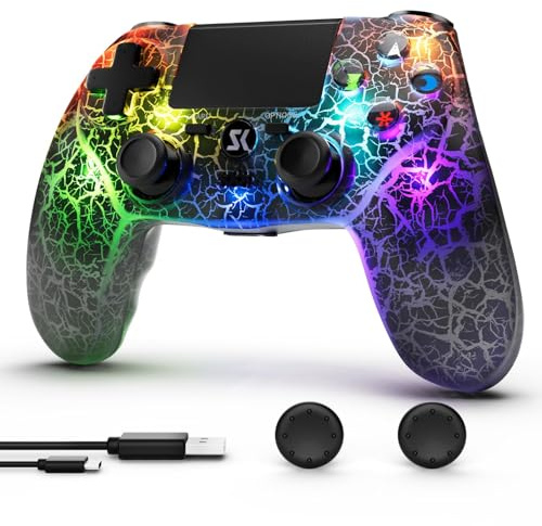 Manette sans fil pour PS4, Manette LED pour PS4 compatible avec PS4/Slim/Pro/PC/IOS/Android, lumière RGB, motif de fissure, batterie de 1000 mAh, deux moteurs de vibrations, gyroscope à 6-axes