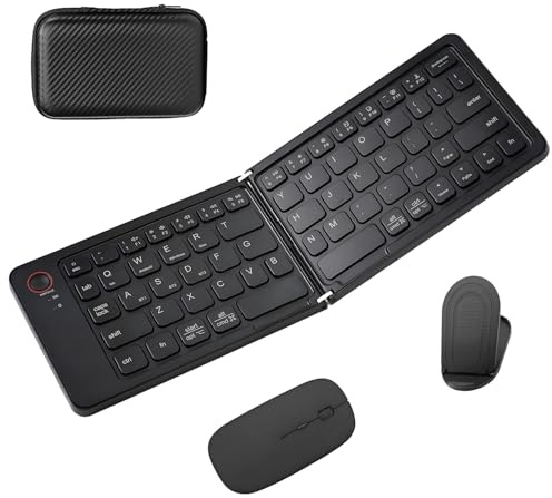 Teclado y mouse plegable, combo de teclado y mouse plegable con funda de viaje, teclado portátil Bluetooth para iPad, laptop, tabletas, color negro