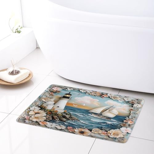 LB Nautisch Badematte Leuchtturm Segelboot Blaues Meer Fußabtreter 60x40cm Vintage Blumenlandschaft rutschfest Weich Saugfähig Waschbar Bodenmatte zum Tür Bad Schlafzimmer Innen Dekoration