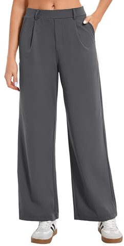 Oyamiki Women's Trousers High Waisted Office Pull on Pants Regular Size Wide Leg Elasticated Straight Work Trousers Dark Grey S