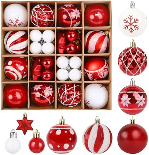 Weihnachtskugeln 44 Stücke, Rot Weihnachtskugeln Kunststoff Set, 6cm und 3.5cm, Christbaumkugeln Set, mit Geschenkpaket, Weihnachtskugelns Rot, Weihnachtsschmuck Deko für Drinnen & Draußen