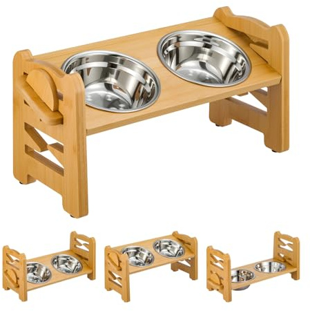 JF HOME BLISS 6-Level Adjustable Bamboo Dog Bowl Stand with 2 Stainless Steel Bowls, 15° Tilted Elevated Feeding Station for Small Medium Dogs Cats - Foldable Pet Food Dish Holder