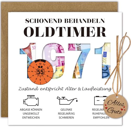 WenmthG Geldgeschenke Geburtstag 55 mit Umschlag, Karte 55 Geburtstag Mann - Lustig Geschenke zum 55 Geburtstag Mann - Schonend Behandeln 1971 Oldtimer
