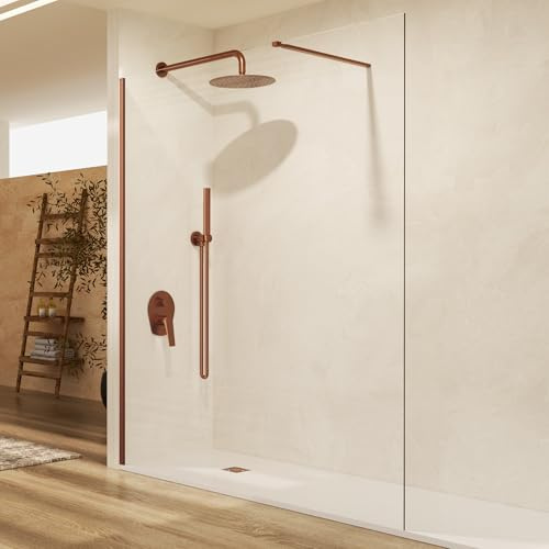 Imex - Paroi de douche fixe or rose 100 cm avec bras de serrage | Paroi en verre anticalcaire et profilé en aluminium de 200 cm de hauteur | Verre avec épaisseur de 8 mm et système de montage facile