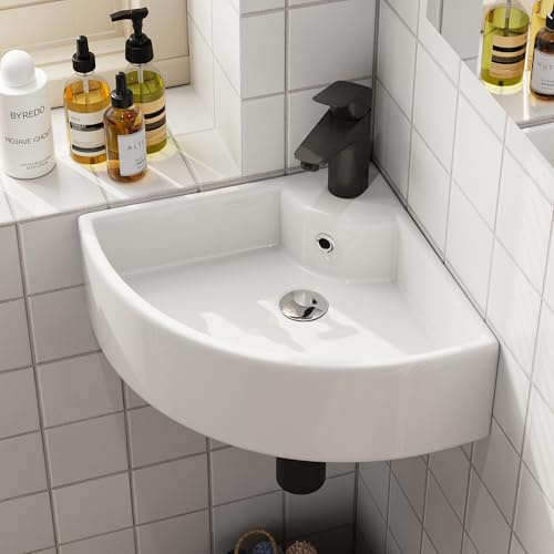 HOROW White Ceramic Corner Basin, 46x33x13cm (HxWxD) Slim Edge Bathroom Wash Basin,Wall-Mounted & Countertop Mounted Small Space Sink for Bathroom, Cloakroom, WC
