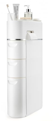 Slim Bathroom Floor Cabinet Freestanding Cabinet Storage Unit with Drawers & Toilet Paper Holder Narrow Gap Organiser White Waterproof Space-Saving Plastic Tower for Sink & Laundry (4 Tier)