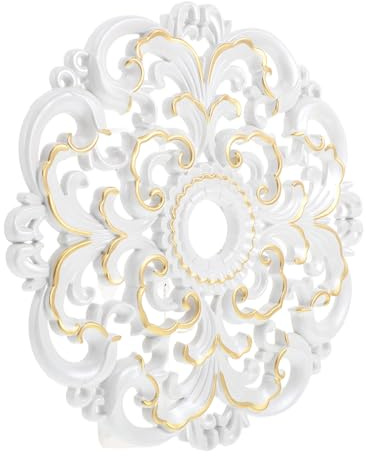 Amosfun Médaillon de Plafond Décoratif Rosace de Lustre en Faux Plâtre Blanc Perlé et Doré Plaque Ronde Sculptée Vintage pour Éclairage et Ventilateur de Plafond Orné pour Installation
