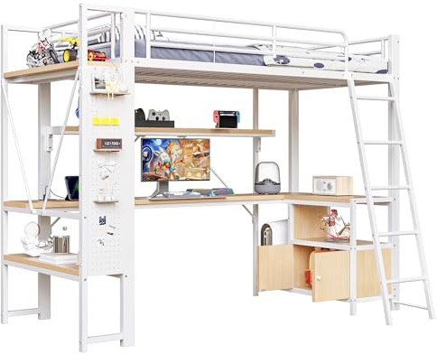 SOFTWEARY Hochbett mit Schreibtisch, LED-Streifen, Wandgitter, Regal, Schrank, Leiter, Steckdose, USB, Type-C, Kinderbett mit Rausfallschutz, Metallbett (weiß, 90x200 cm)