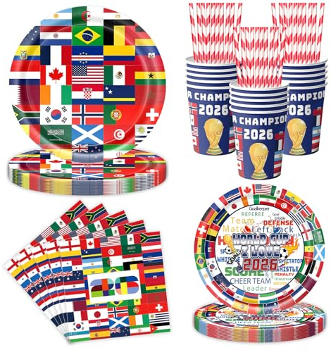 Wiederverwendbar Fußball Partyset, Sport Motto Football&Fußball | Fussball Geschirr Set, Inklusive Teller, Servietten, Tassen & Strohhalme Football Geburtstag Party Dekorationen,10 Gäste