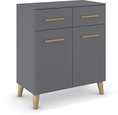 Rauch Möbel ADITIO, Kommode, Farbe Grau metallic, Breite 80 cm | Sideboard im Skandi-Design, 2-türig, 2 Schubladen, Soft-Close, Massivholz Griffe und Füße, für Schlafzimmer, Wohnzimmer, Flur