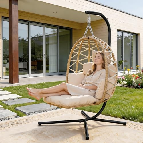 Silla Colgante con Estructura, Cesta Colgante con reposapiés y cojín Grueso, sillón Colgante de ratán, Muebles para jardín, balcón, salón, soporta hasta 150 kg (Beige)