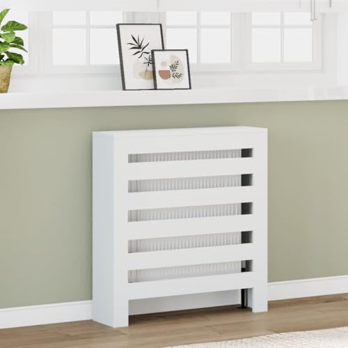 Kaloriko Cache radiateur Blanc en Bois d ingénierie 78 x 20 x 82 cm, Design à Lattes avec Tablette, Fixation Murale, Cache pour radiateur Chauffage Salon, économie Energie et Entretien Facile