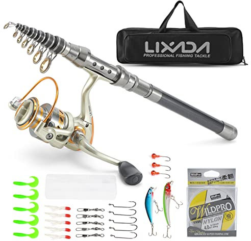 Lixada Teleskop Angelrute und Spule Combo Kit mit 100M Angelschnur Köder Haken Jigkopf und Fischen Tragetasche Fall Angelzubehör