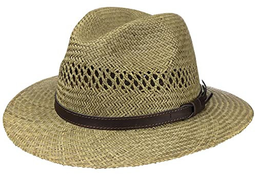 Lipodo Traveller Strohhut Damen Herren Made in Italy Sonnenhut mit braunem Lederband Sommer Größen S-XL Natur S (54-55 cm)
