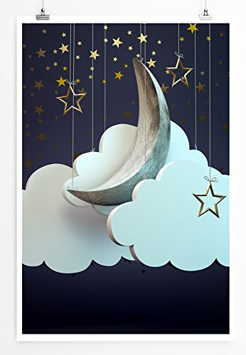 Eau Zone Home Bild - Art Fotos – Mond mit goldenen Sternen und Wolken- Poster Fotodruck in höchster Qualität