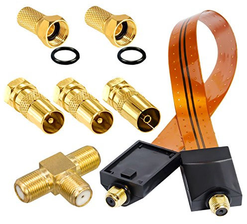 HB-DIGITAL Adapter-Set. 2 DVB-T/T2 Receiver mit nur Einer aktiven DVB-T/T2 Antenne betreiben. Inkl. Fensterdurchführung Gold. Vergoldete Kontakte, für Terrestrische Antennen mit IEC-Stecker Ausgang