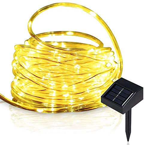 XUNATA LED Solar Lichterschlauch 10M 100 LEDs Lichter IP65 Wasserdicht Schlauchlicht Lichtschlauch für Garten, Weihnachten, Hochzeit, Party (Gelb, 10m (100LEDs) + 2m lead cable)