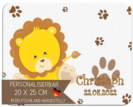 CreaDesign Personalisiertes Kinder Frühstücksbrett mit Namen, 20x25 cm, rutschfestes Schneidebrett aus Kunststoff, Löwe Design, spülmaschinen & mikrowellengeeignet, Schneidbrett für Kinder