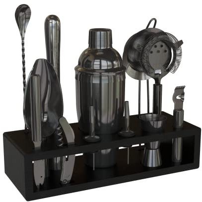 Highball & Chaser 13-teiliges Cobbler Cocktail Shaker Set: schwarz polierter Edelstahl Barkeeper-Set für Home Bar Cocktail Set,Lasergravierte Cocktail-Werkzeuge,Plus E-Book mit 30 Cocktail-Rezepten