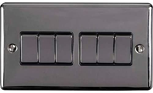 6 Gang Multi Light Switch – BLACK NICKEL & Black Trim – 2 Way 10 Amp – Dark Gunmetal Decorative Wall Plate & Solid Metal Rocker – On/Off Mains Lighting Switch