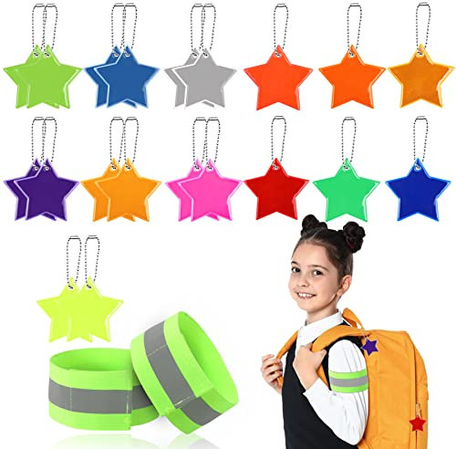 SANNIX 20 Stück Sicherheits Reflektor Anhänger, Reflektoren Kinder, Stern Sicherheits Reflektor, mit 2 Reflektor Armbänder für Schultasche Rucksack Gehen Laufen Radfahren (13 Farben)