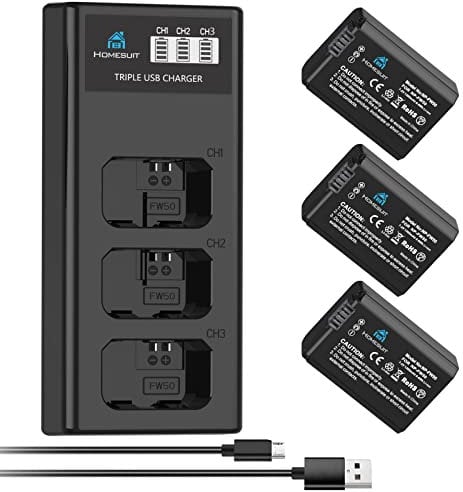 Homesuit NP-FW50 Battery 1300mAh and Triple USB Charger for Sony Alpha A6000 A6300 A6400 A6500 ZV-E10 7RM2 A7SM2 A7M2 A7 II A7R II A7S II A55 A5000 A5100 A3000 RX10 II III IV NEX-3 Camera (3-Pack)