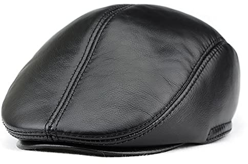 WHSPORT Barett Cap Herren Leder Schiebermütze Gatsby Schirmmütze Newsboy Flat Cap Baskenmütze mit Ohrenklappen (Color : Black, Size : 55-57cm/21.65-22.44in)