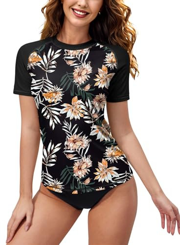 Women Short Sleeve Modest Uv Rash Vest Bathing Suit Sun Protection Print Swimwear Leaves & Floral M