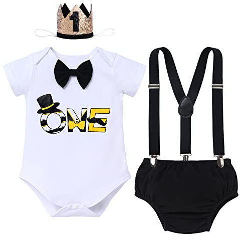 IBTOM CASTLE 1st Birthday Outfit For Boy Gentleman Bow Tie Romper + Diaper Cover + Birthday Hat Clothes Baby Boy First Birthday Smash Cake Photoshoot Outfit Yellow One 1Year