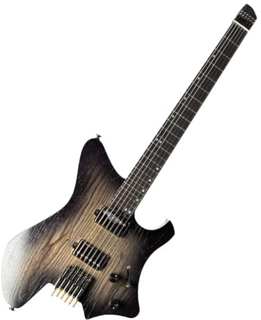 EART GW2-Pro Headless E-Gitarre feste Brücke für Reisen, geröstete Esche Solid Body - Wenge Neck, Trans White/Natural/Solid Black (GD)