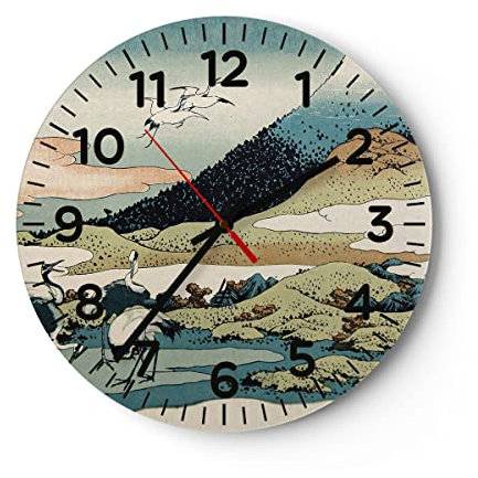 Modern Wanduhr Japan Kraniche Bild 30x30cm Rund Klein Wand Uhr Glas Analog Zimmeruhren Küche Büro Wohnzimmer Glasuhr Wall Clock Dekoration Design Wanddekoration Küchenuhr C4AR30x30-4541