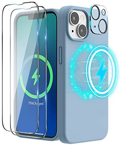 SURPHY Magnetic Silicone Case Designed for iPhone 14 Case, with 2 Pack Screen Protector + 1 Pack Camera Lens Protector, Liquid Silicone Compatible with MagSafe for iPhone 14 6.1 inch, Blue Fog