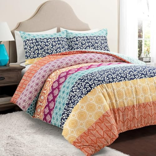 Lush Decor Set copripiumino reversibile in cotone a righe bohémien, king size, fucsia e arancione