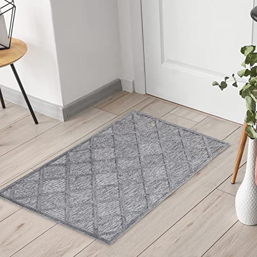 payé Teppich Läufer - Anthrazit Raute - 60x110cm - Boho Deko Teppiche für Balkon Terrasse Garten - Indoor Outdoor Schlafzimmer Esszimmer