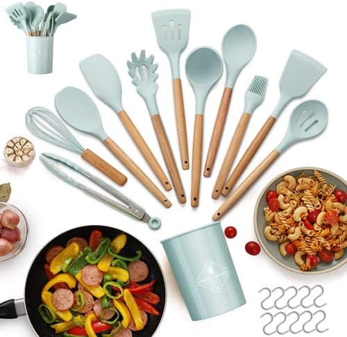 Onezebra Utensilios de Cocina, 22 piezas, Silicona, Resistentes al Calor, Sin BPA, Mango de Madera, Ganchos en Forma de 'S', Aptos para el Lavavajillas, Verde